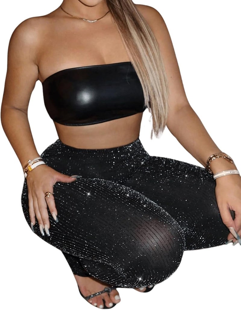 Floerns Women's Contrast Sequin Elastic Waist Shiny Straight Leg Party Pants - Image 2